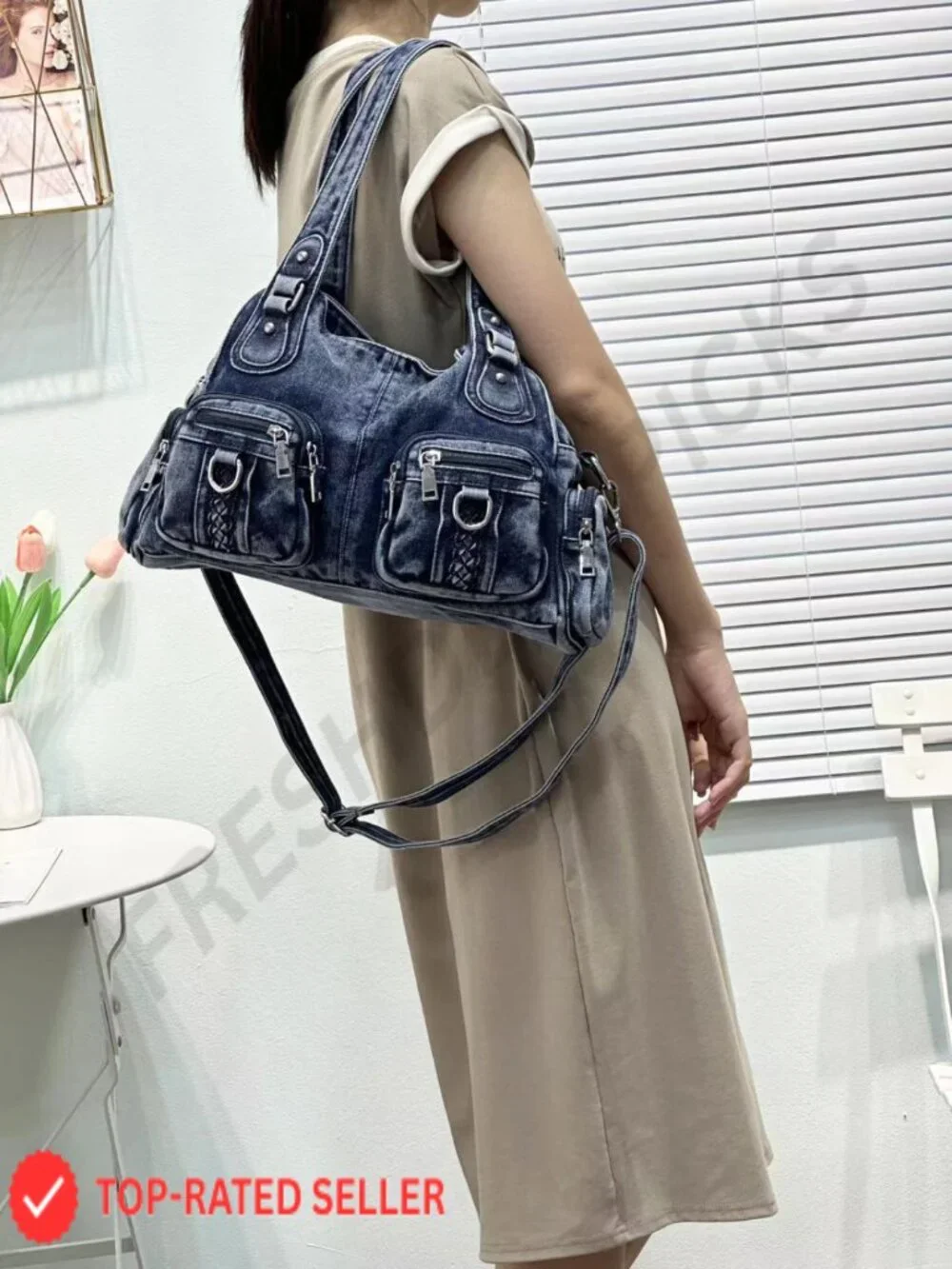 Denim Hobo Handbag with Crossbody Strap - Spacious Women's Tote